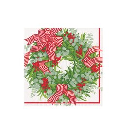 Caspari Christmas Paper Cocktail Napkins 20pk Ribbon Stripe Wreath