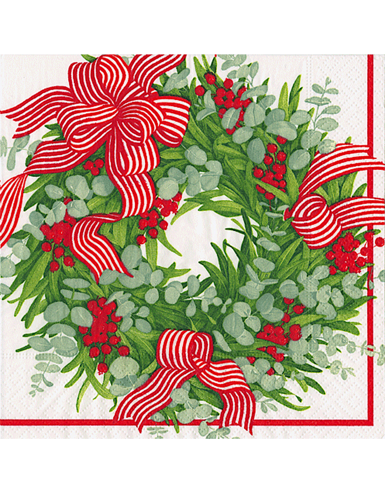 Caspari Christmas Dinner Napkins 20pk Ribbon Stripe Wreath