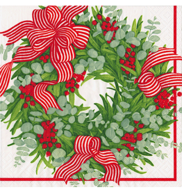 Caspari Christmas Dinner Napkins 20pk Ribbon Stripe Wreath