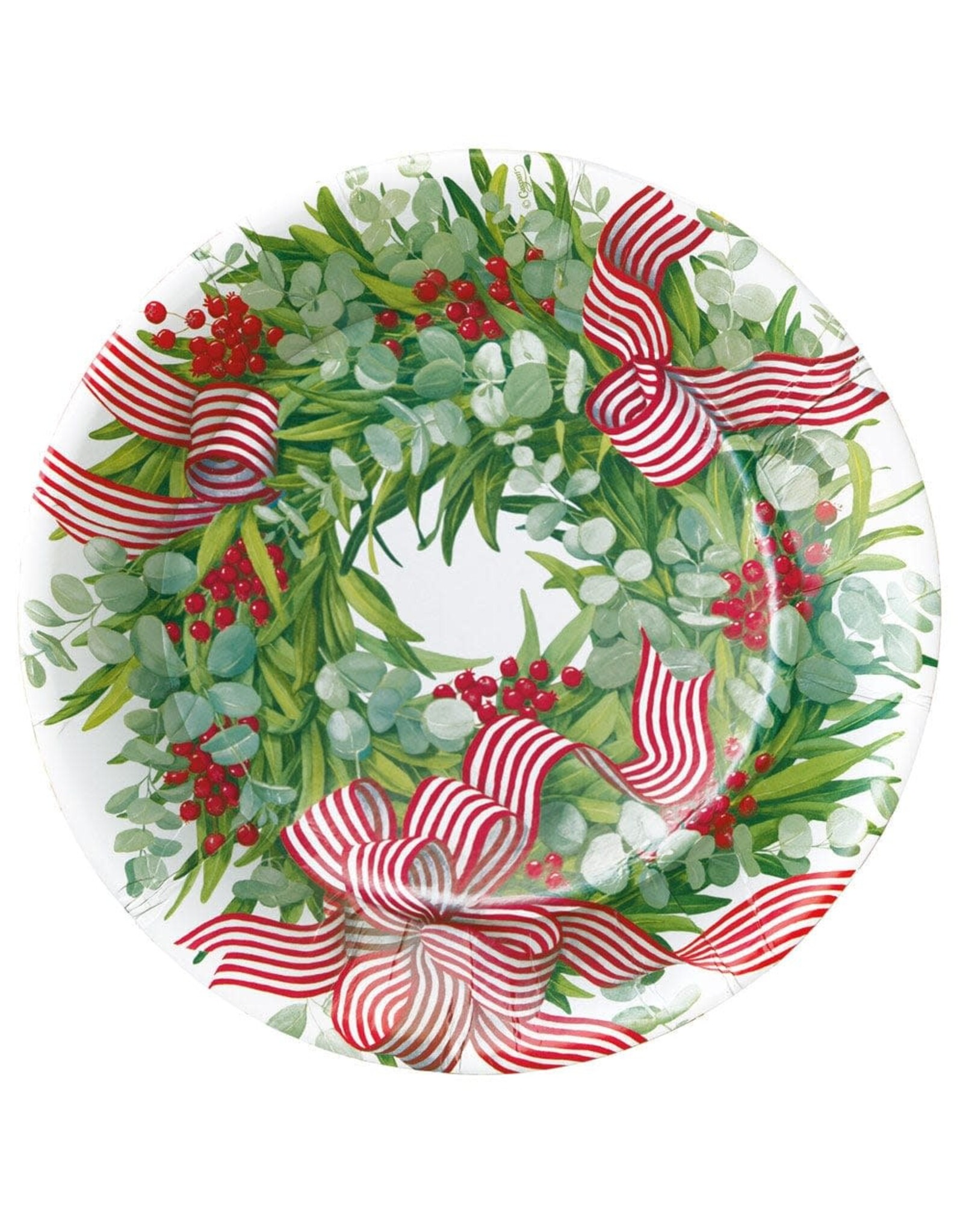 Caspari Christmas Paper Dinner Plates Round 8pk Ribbon Wreath