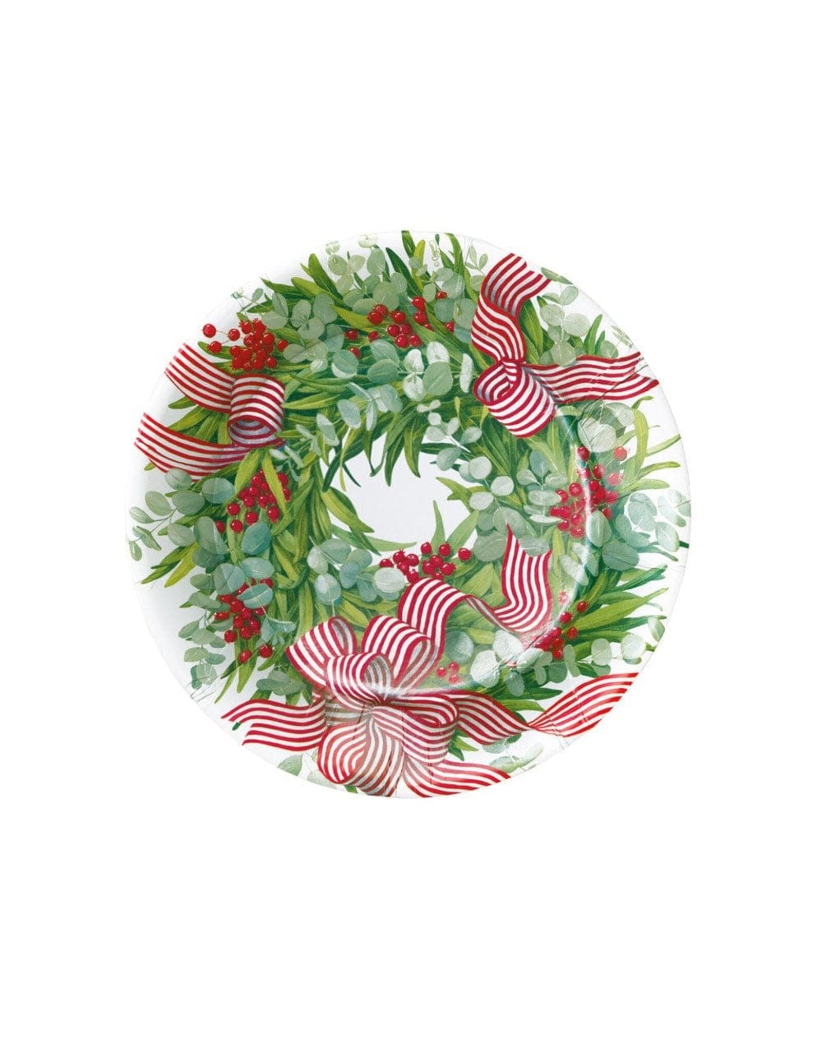 Caspari Christmas Paper Salad Dessert Plates 8pk Ribbon Stripe Wreath