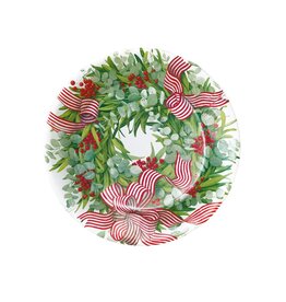 Caspari Christmas Paper Salad Dessert Plates 8pk Ribbon Stripe Wreath