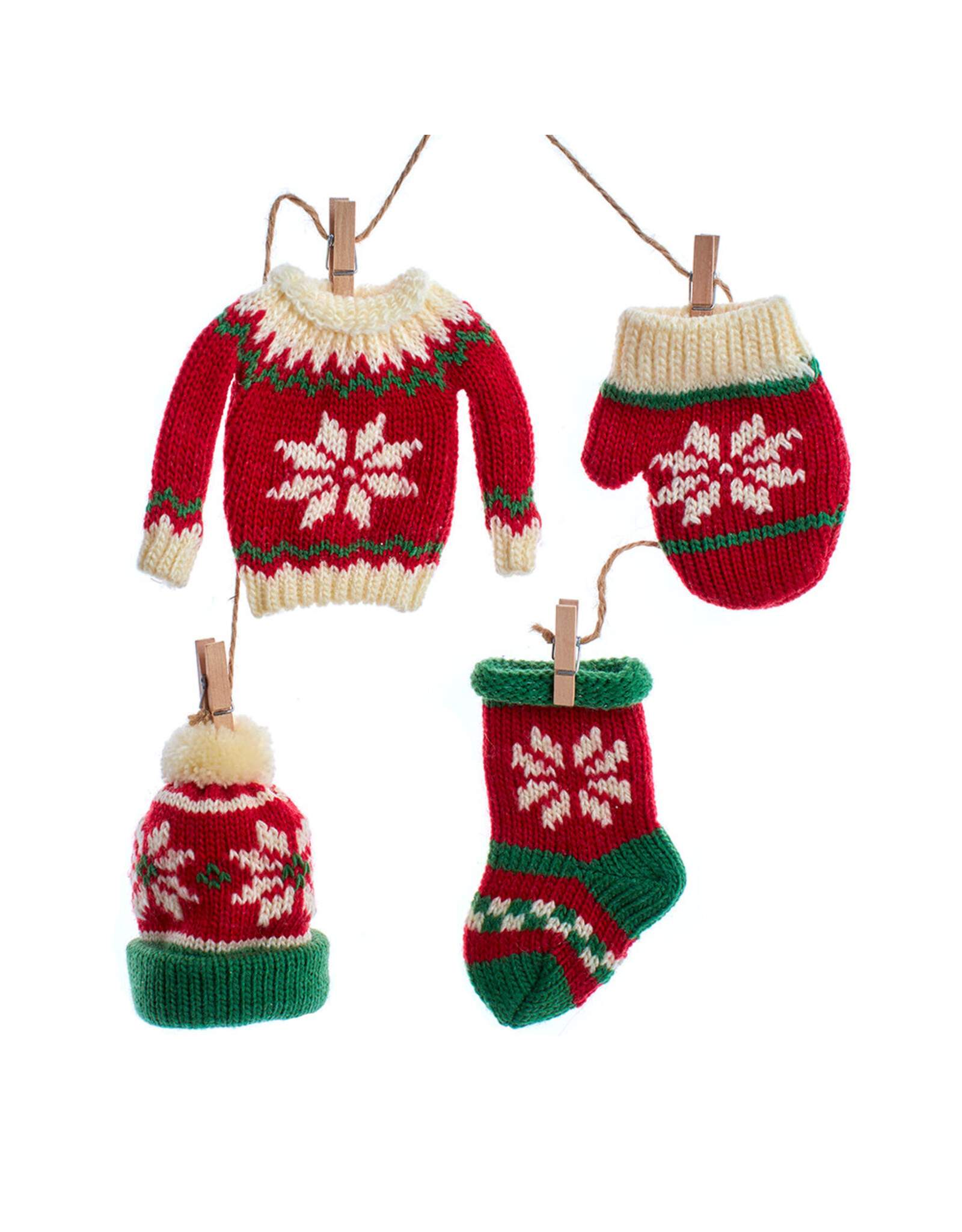 Kurt Adler Christmas Knit Ornaments On String Sweater Mitt Hat Stocking