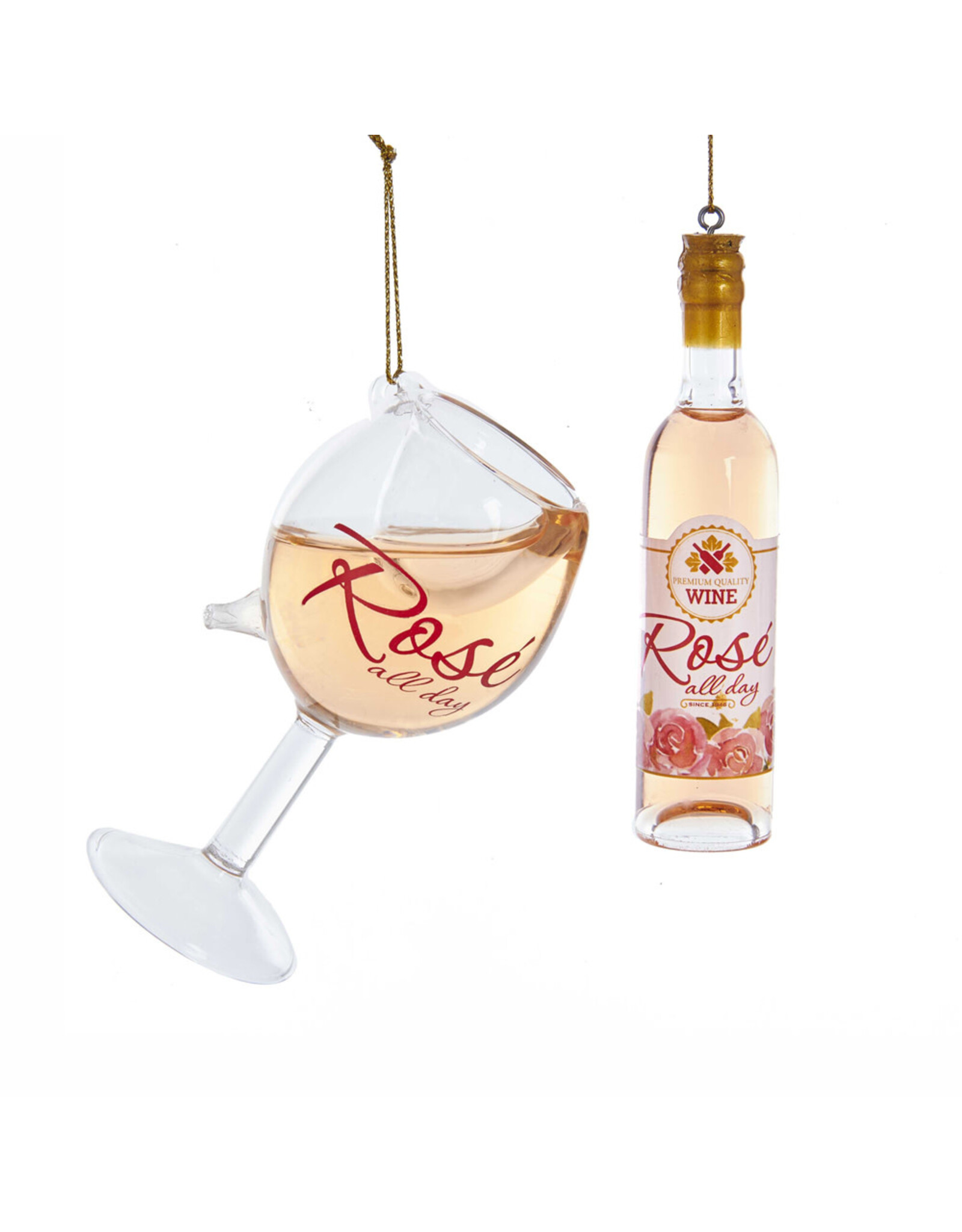 Kurt Adler Rosé Glass Wine Bottle and Wine Glass Ornaments