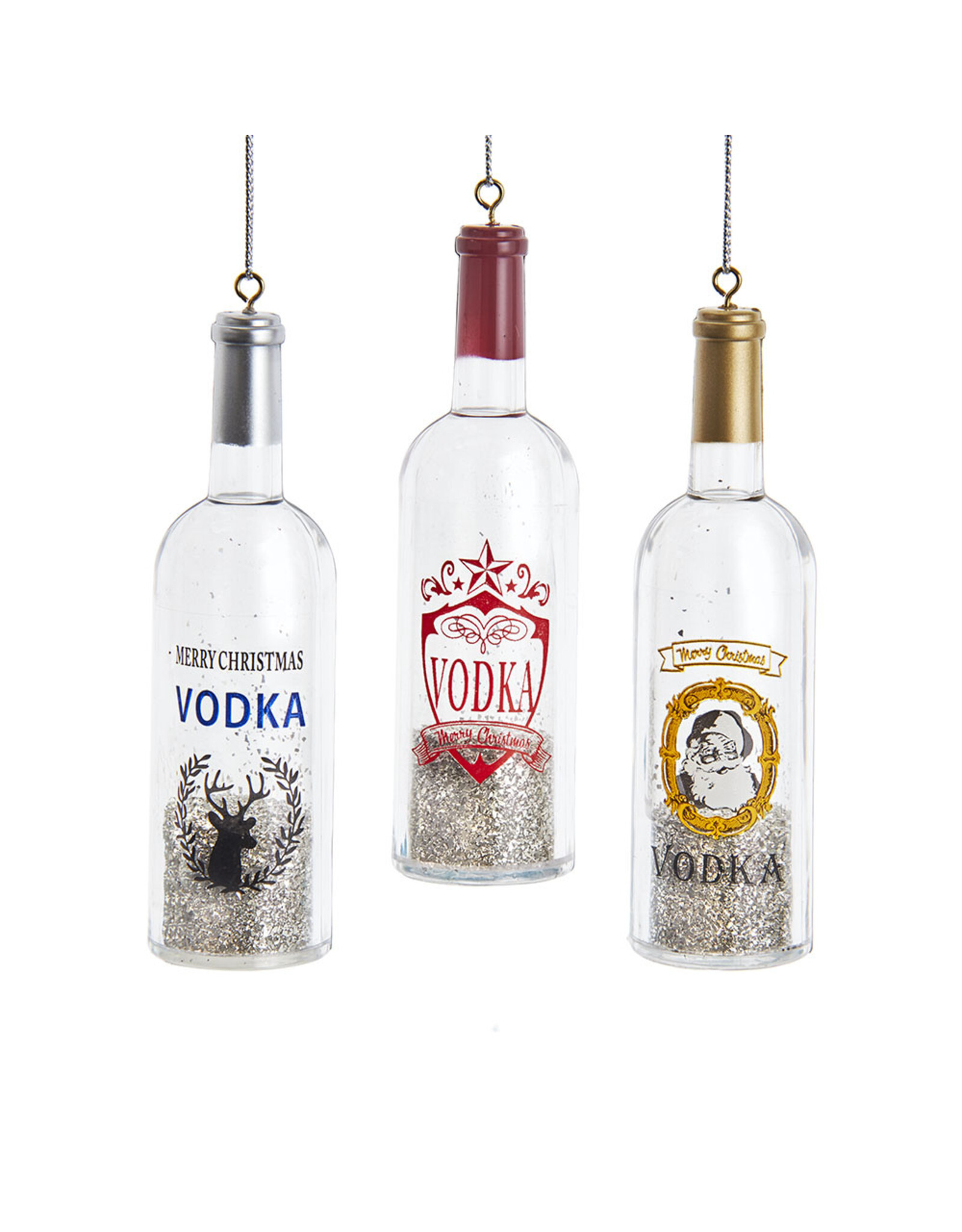 Kurt Adler Acrylic Vodka Bottle Ornaments w Glitter Inside 3 Assorted