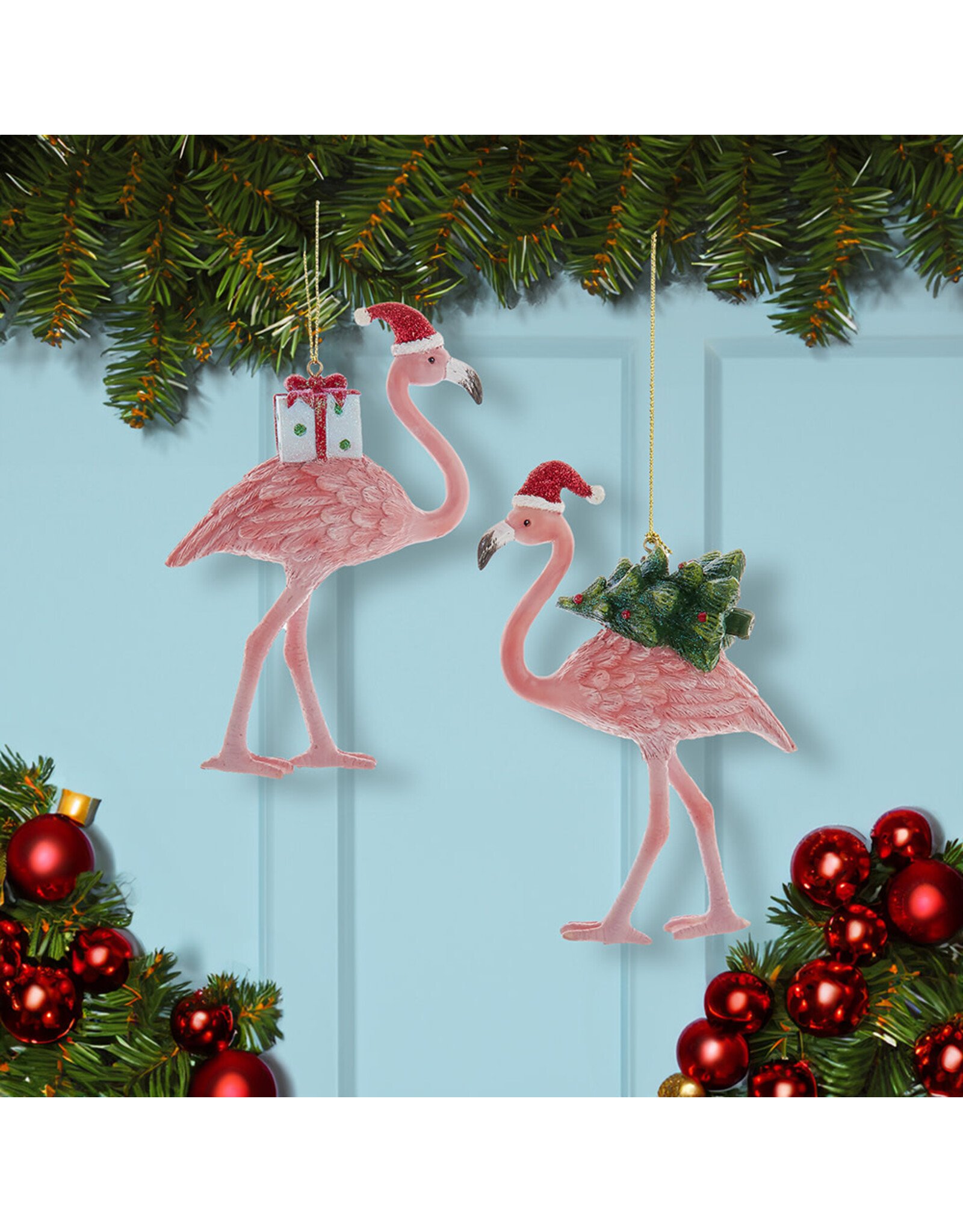 Kurt Adler Coastal Pink Flamingo In Santa Hat Ornaments 2 Assorted