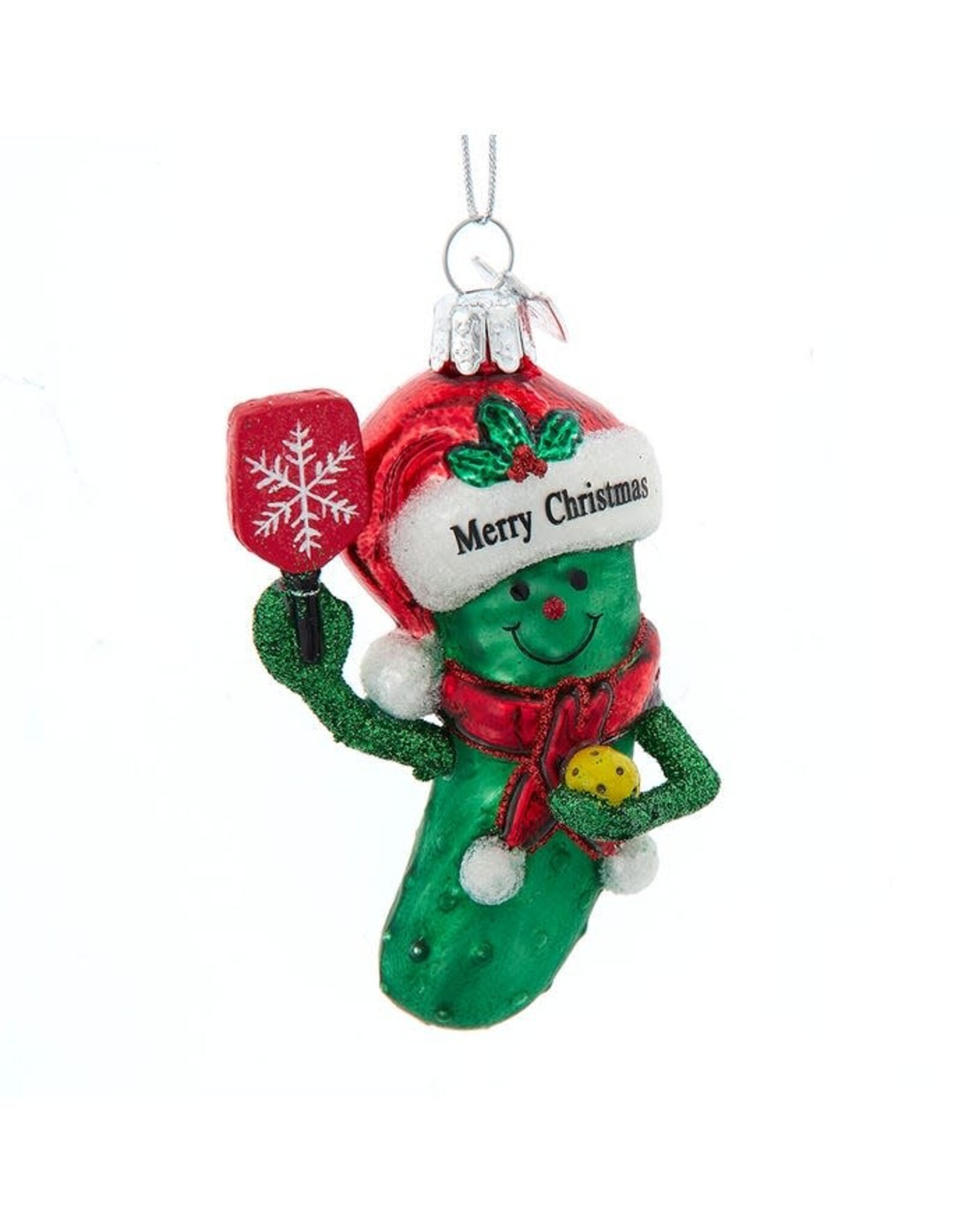 Kurt Adler Noble Gems Glass Pickleball Pickle Ornament w Santa Hat