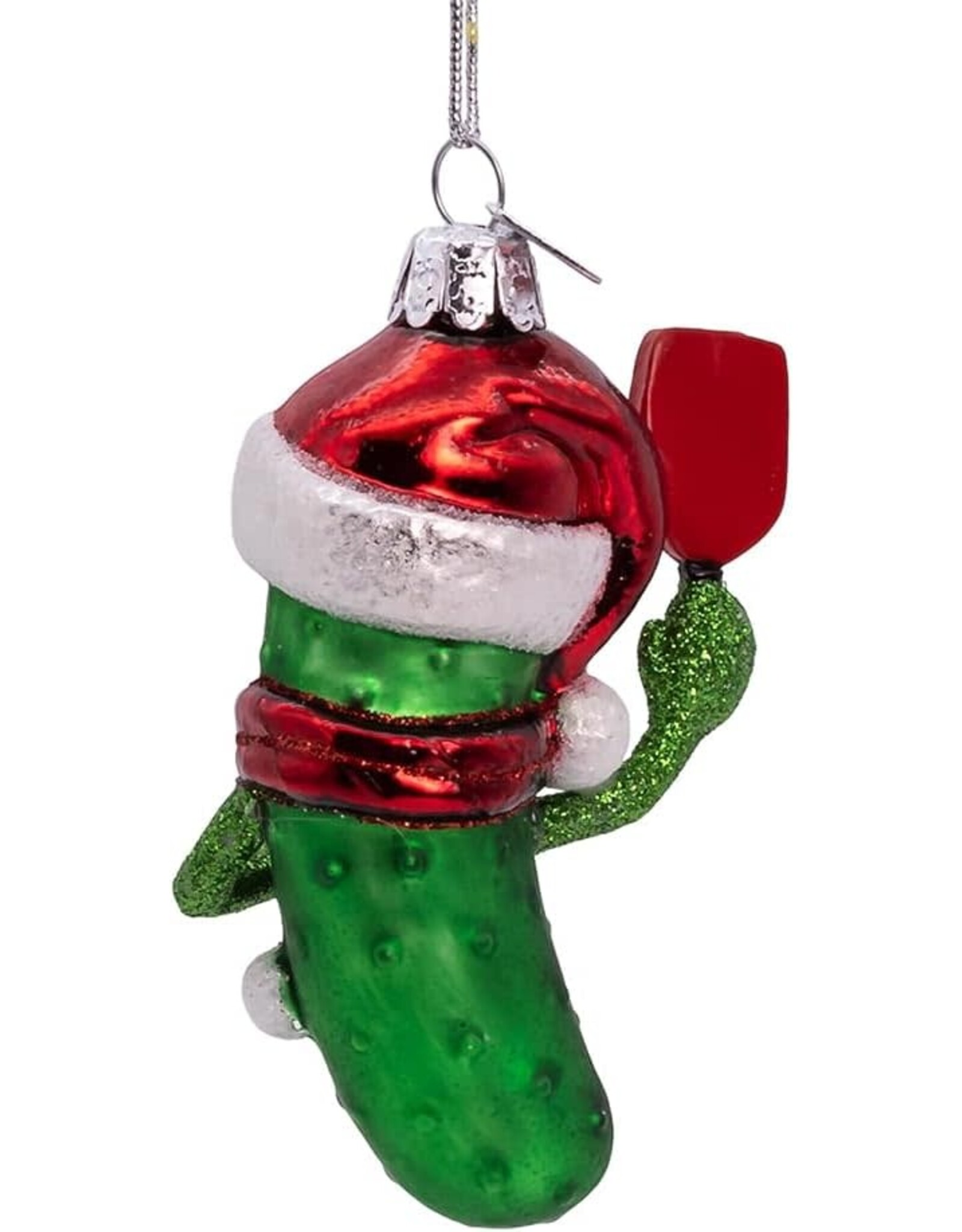 Kurt Adler Noble Gems Glass Pickleball Pickle Ornament w Santa Hat