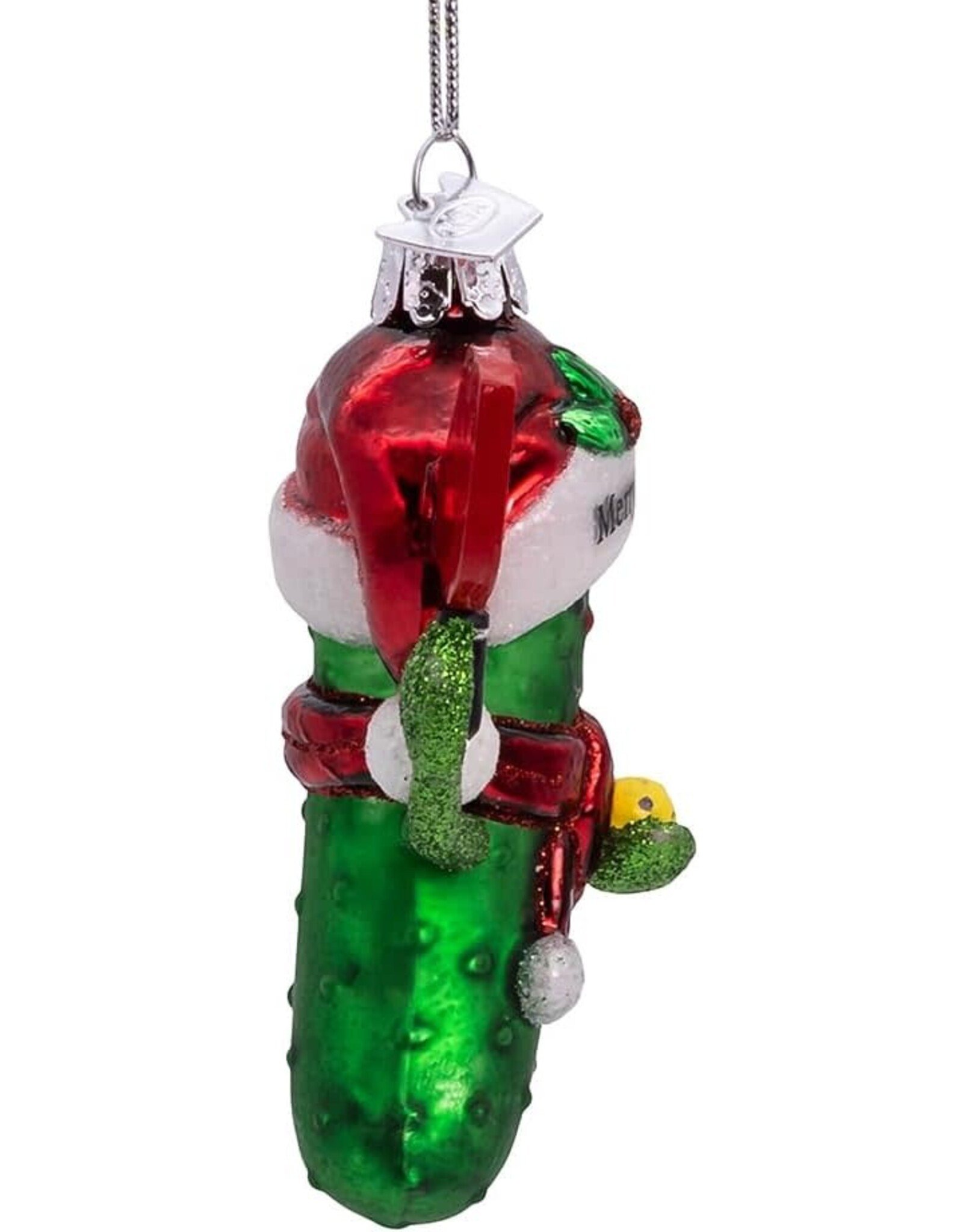 Kurt Adler Noble Gems Glass Pickleball Pickle Ornament w Santa Hat