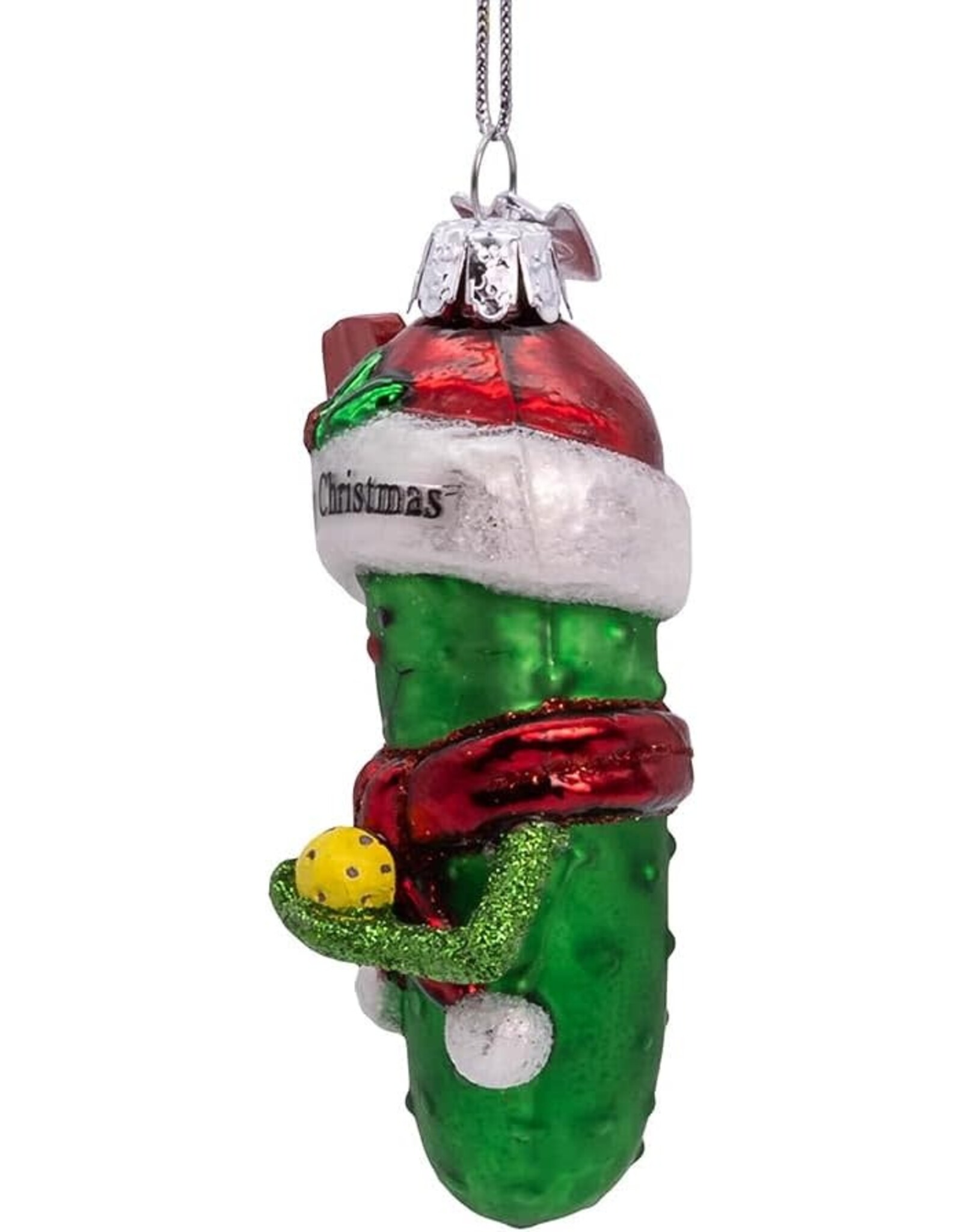 Kurt Adler Noble Gems Glass Pickleball Pickle Ornament w Santa Hat