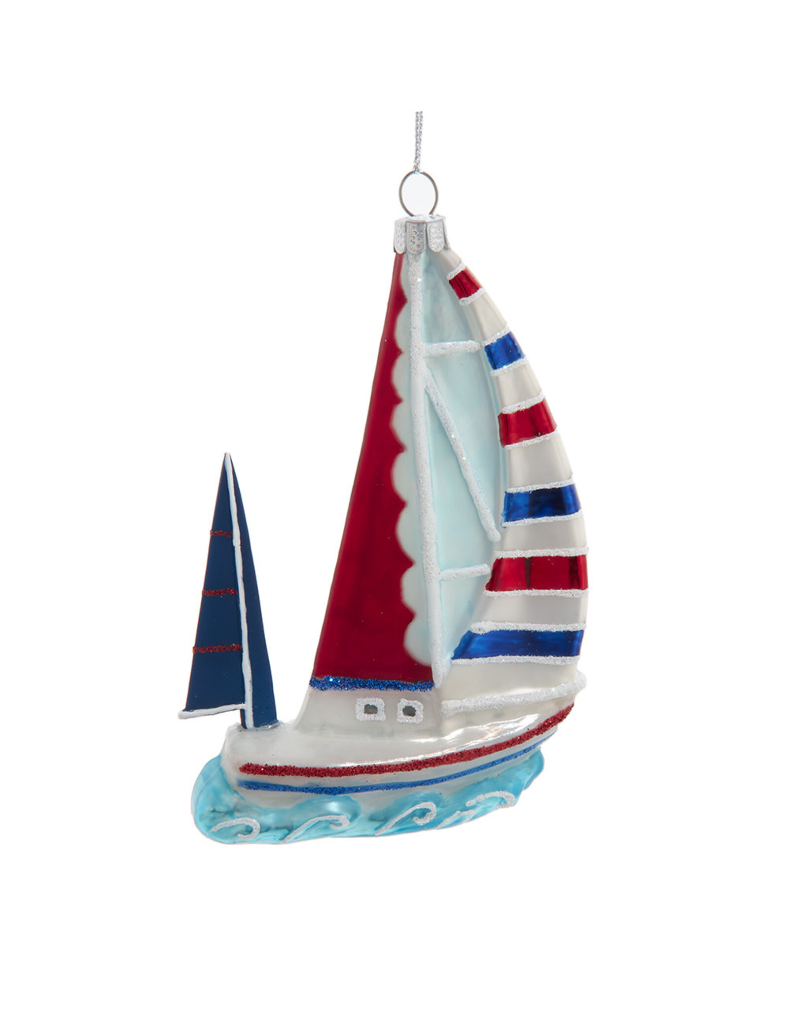 Kurt Adler Nobel Gems Glass Sailboat Ornament Red White Blue