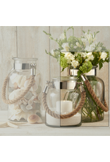 Twos Company Glass Candle Lantern Decorative Jar Rope Handle LG 10.75H