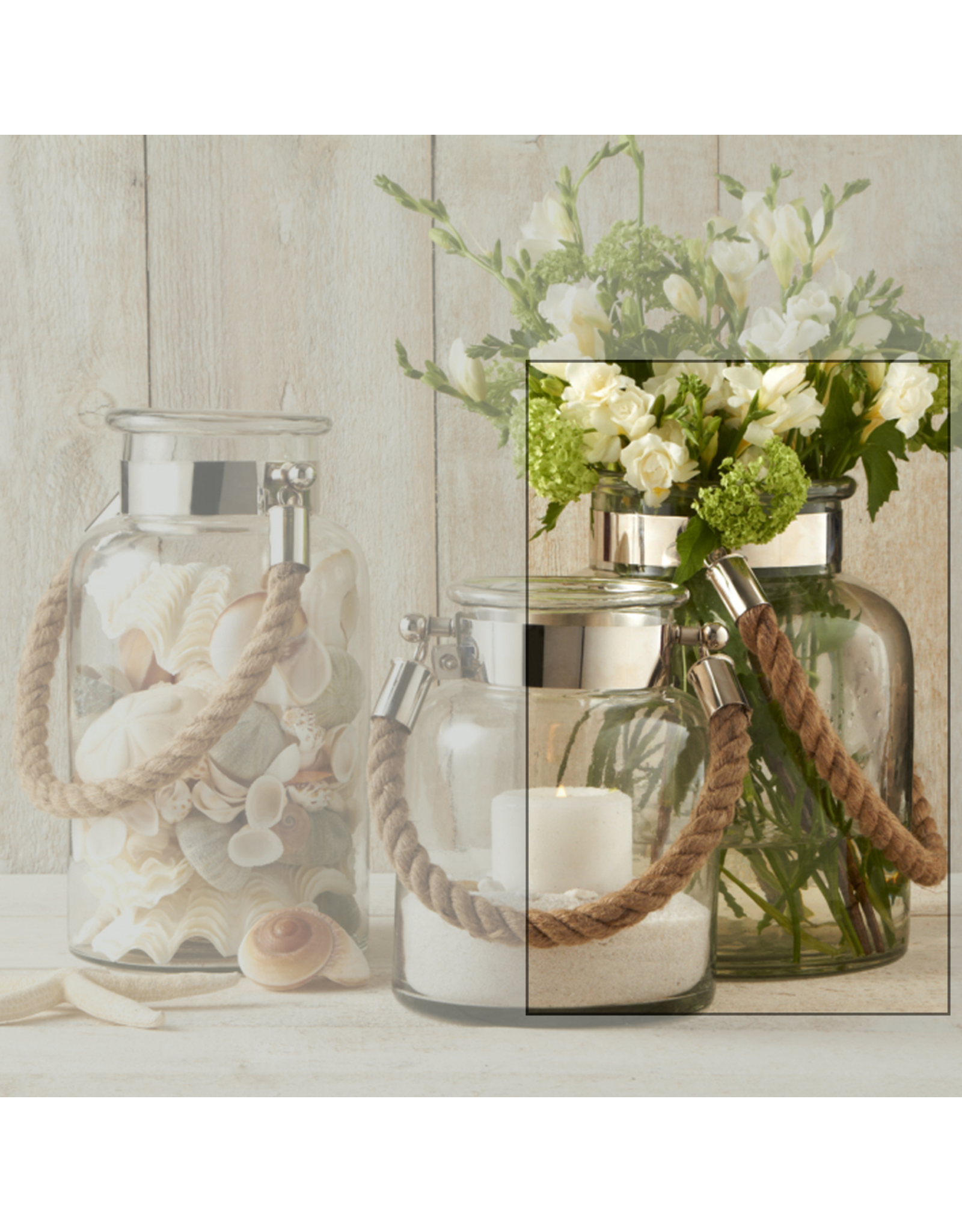 Twos Company Glass Candle Lantern Decorative Jar Rope Handle LG 10.75H
