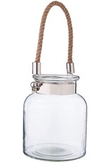 Twos Company Glass Candle Lantern Decorative Jar Rope Handle LG 10.75H