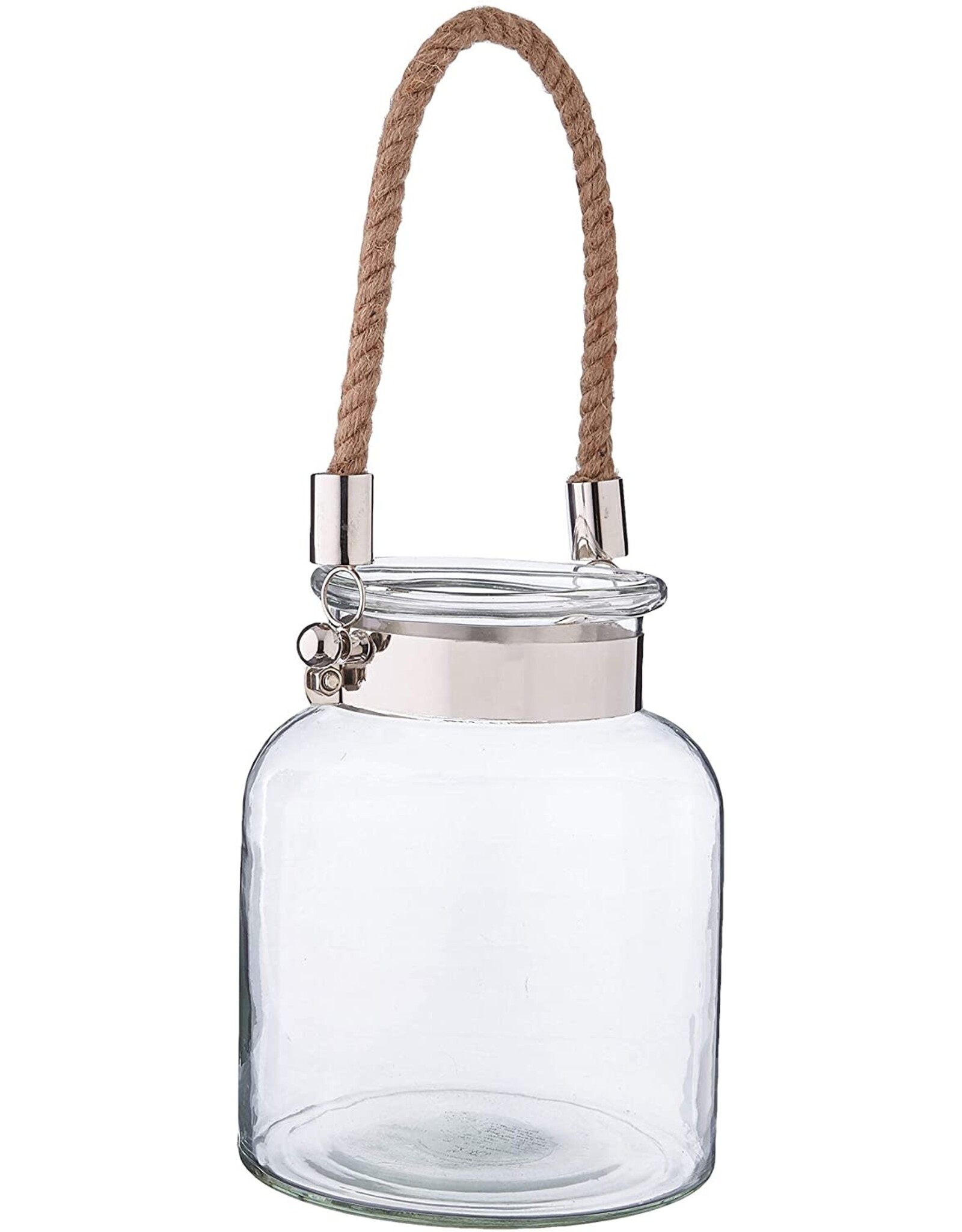 Twos Company Glass Candle Lantern Decorative Jar Rope Handle LG 10.75H