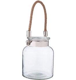 Twos Company Glass Candle Lantern Decorative Jar Rope Handle LG 10.75H