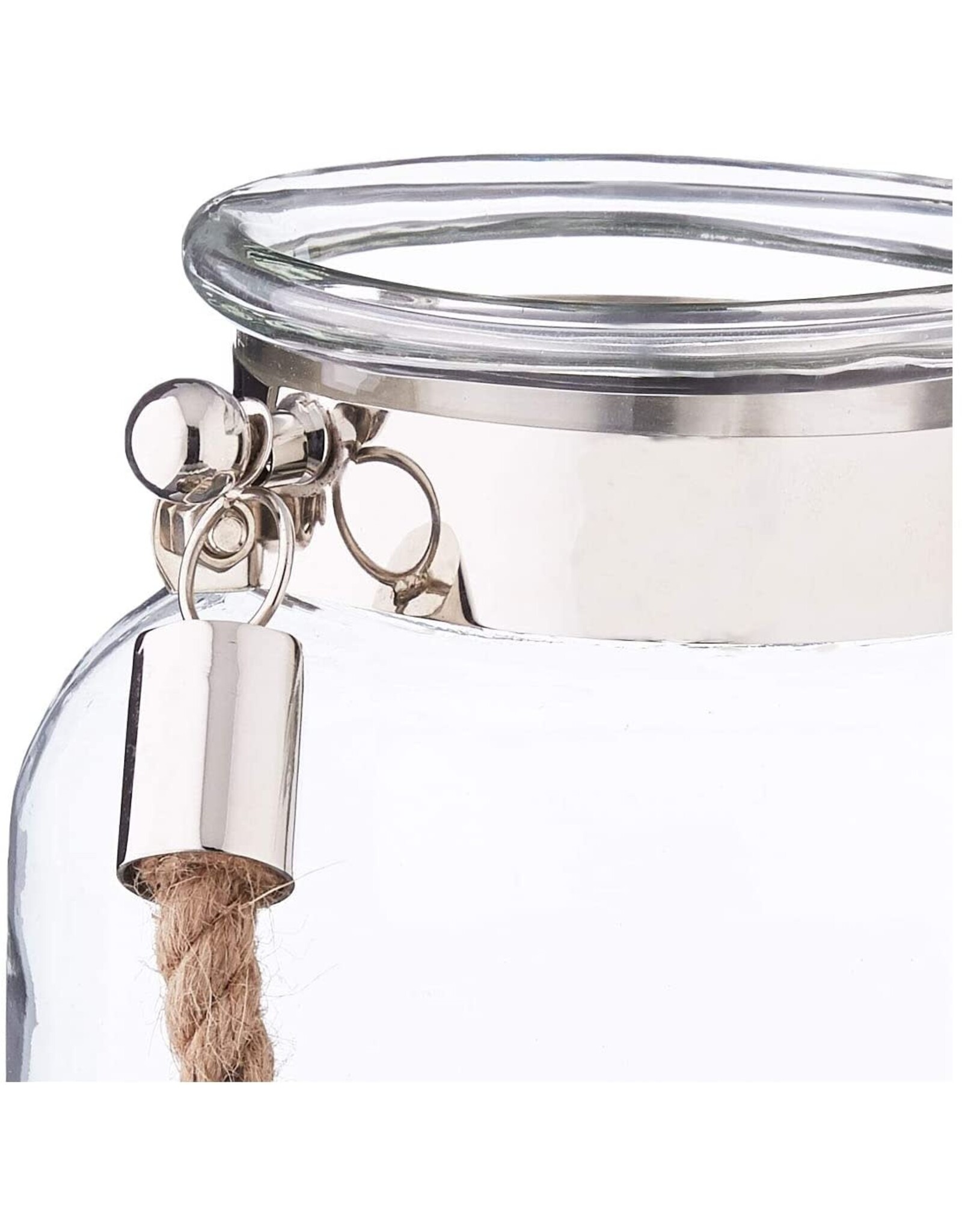Twos Company Glass Candle Lantern Decorative Jar Rope Handle LG 10.75H