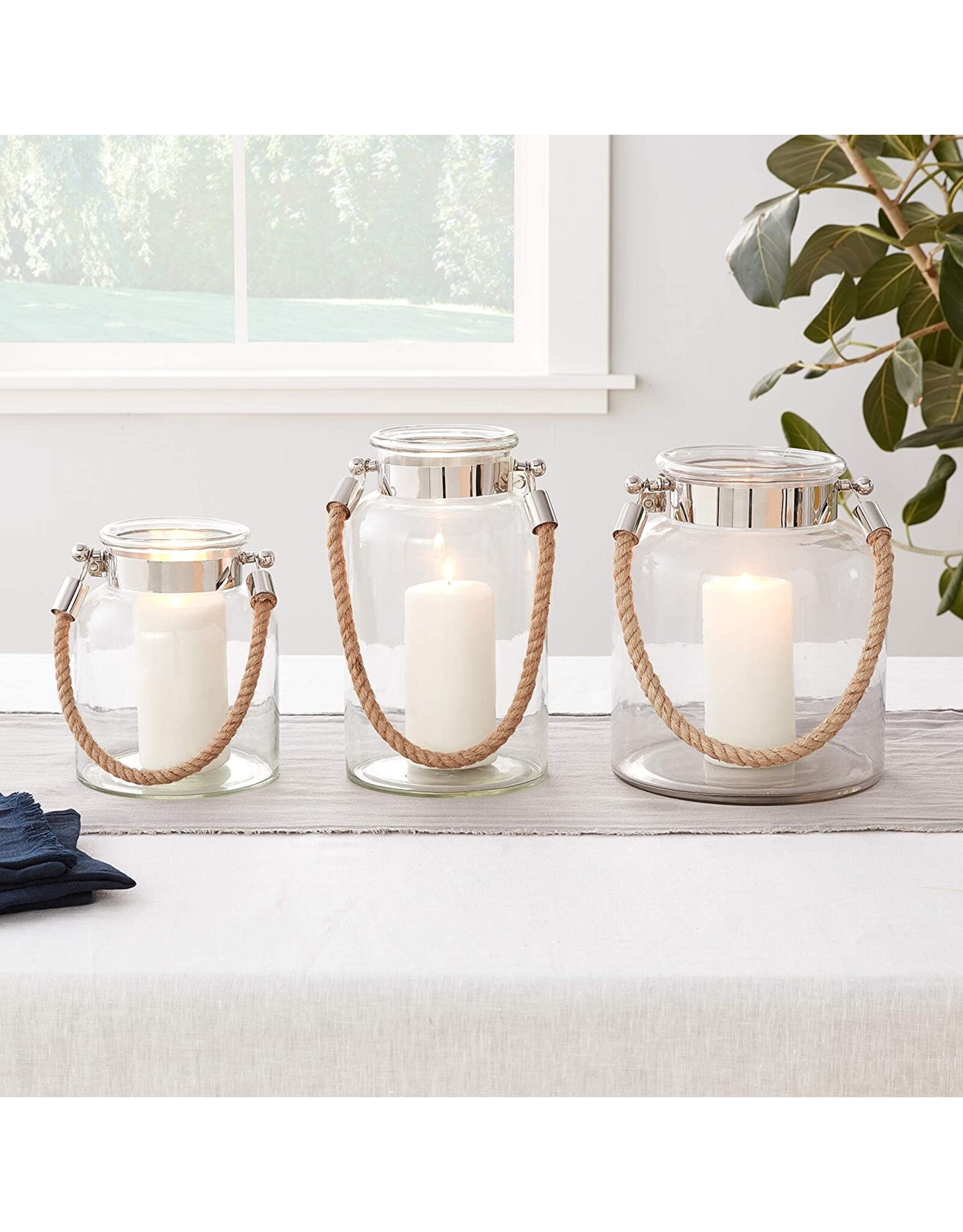 Twos Company Glass Candle Lantern Decorative Jar Rope Handle LG 10.75H
