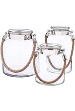 Twos Company Glass Candle Lantern Decorative Jar Rope Handle LG 10.75H