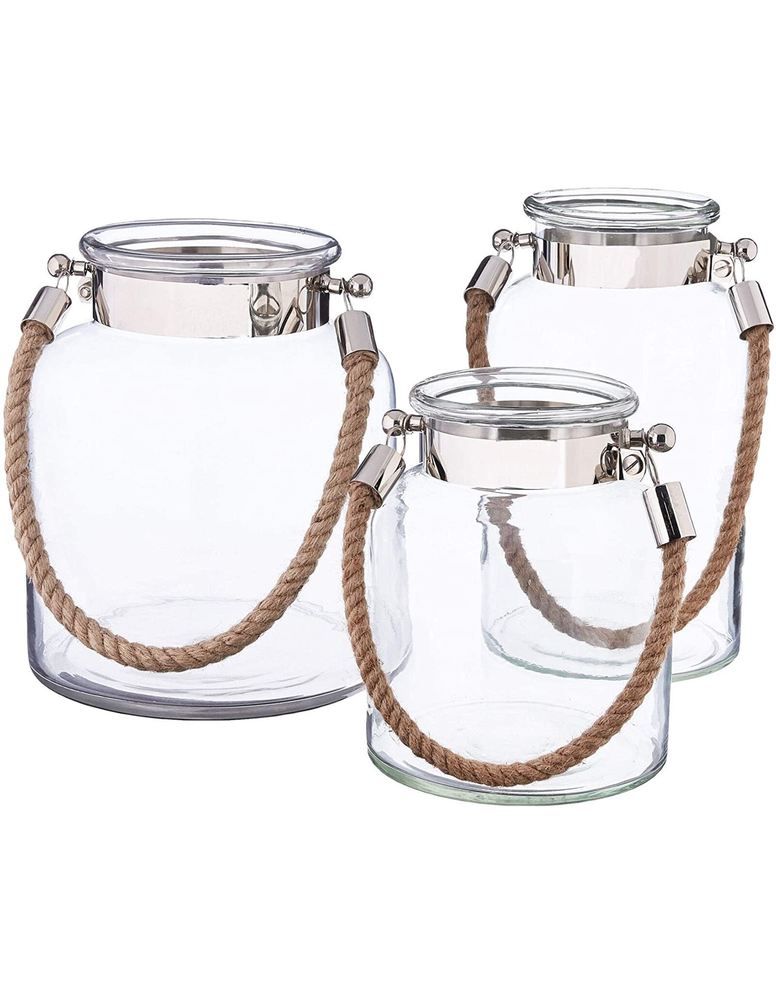 Twos Company Glass Candle Lantern Decorative Jar Rope Handle LG 10.75H