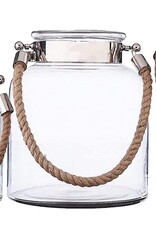 Twos Company Glass Candle Lantern Decorative Jar Rope Handle LG 10.75H