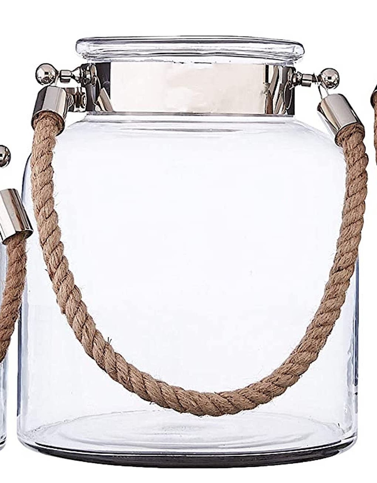 Twos Company Glass Candle Lantern Decorative Jar Rope Handle LG 10.75H
