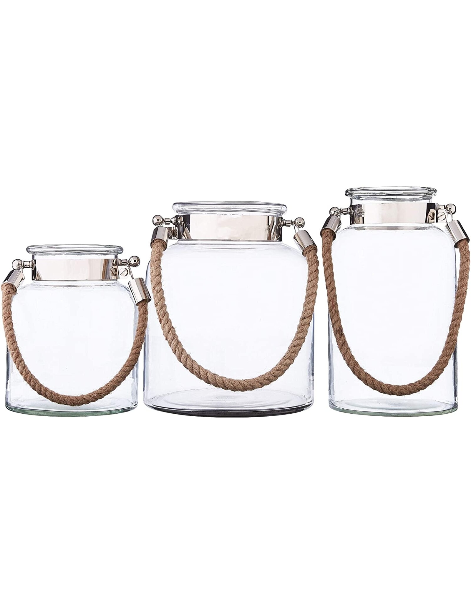 Twos Company Glass Candle Lantern Decorative Jar Rope Handle LG 10.75H