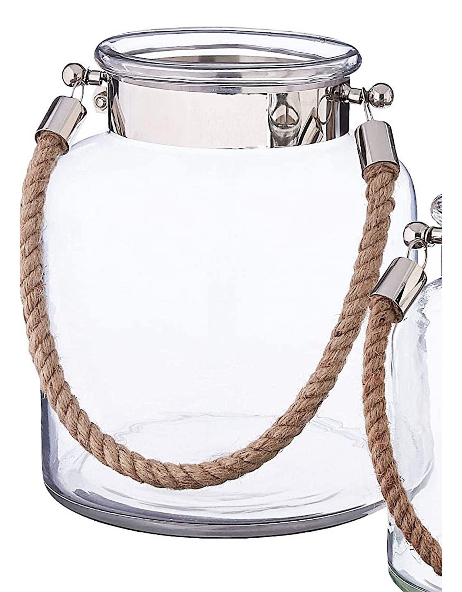 Twos Company Glass Candle Lantern Decorative Jar Rope Handle LG 10.75H