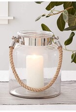 Twos Company Glass Candle Lantern Decorative Jar Rope Handle LG 10.75H