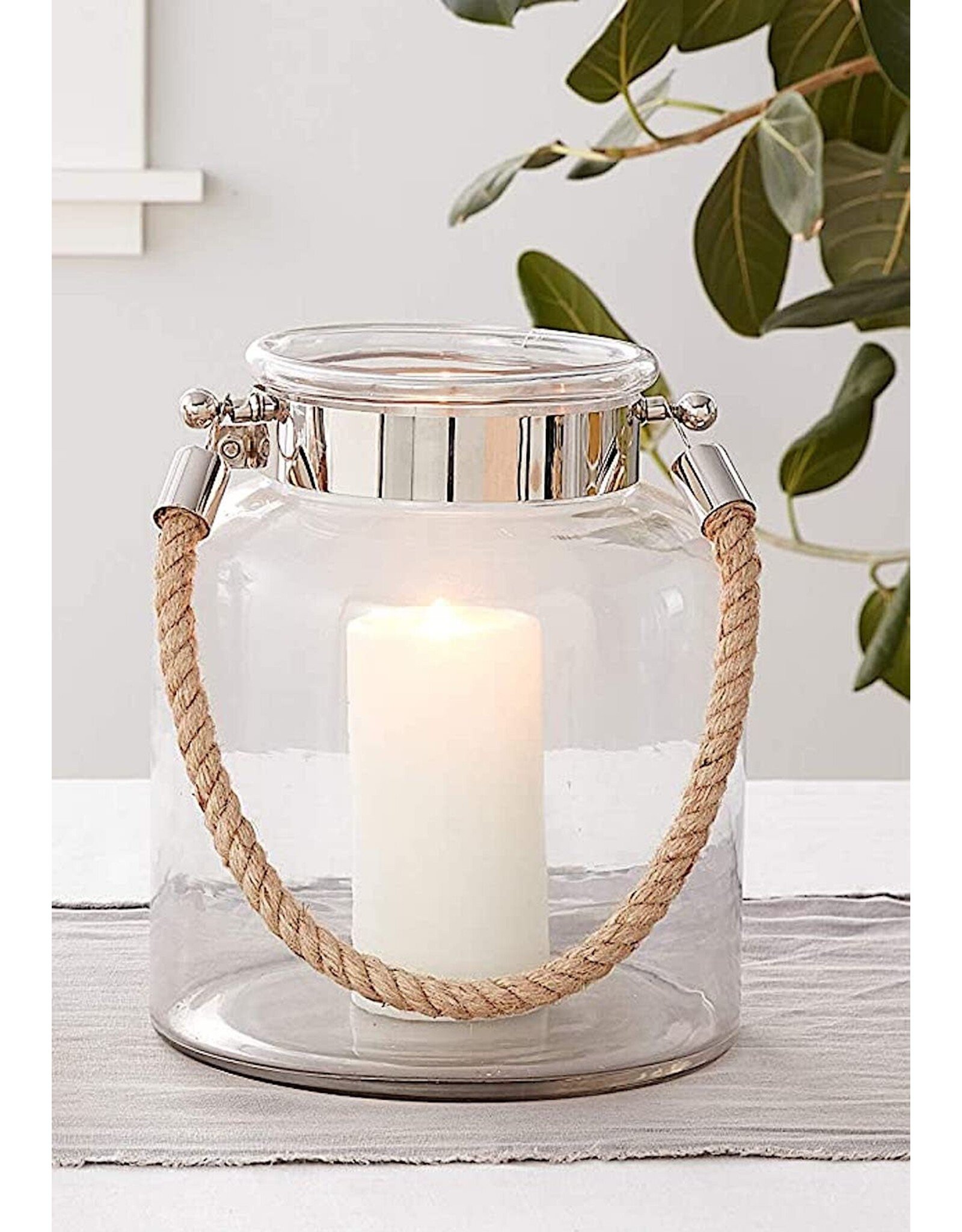 Twos Company Glass Candle Lantern Decorative Jar Rope Handle LG 10.75H