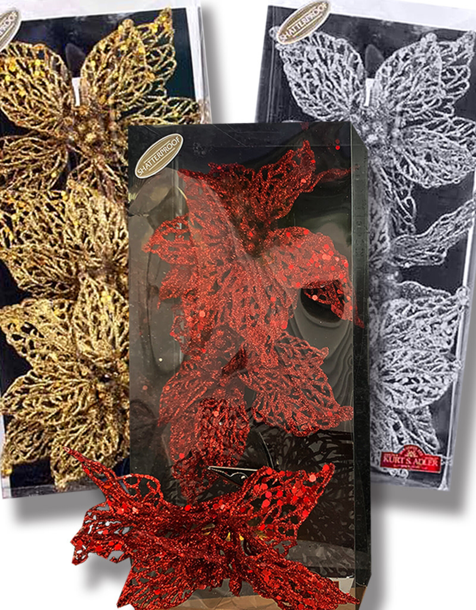 Kurt Adler Glitter Flowers W Clips 8 Inch 3pc Box Sets Of Gold Red Silver