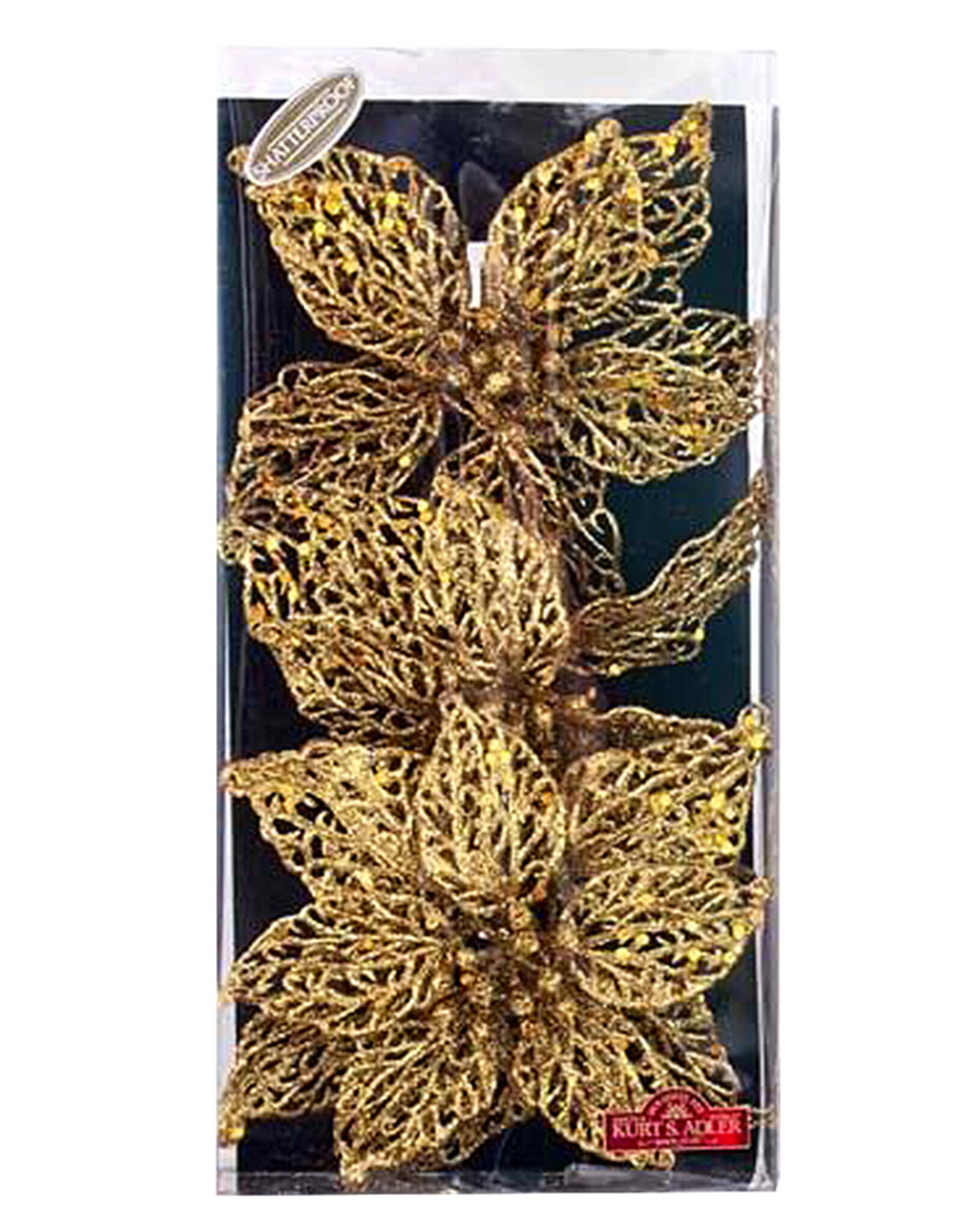 Kurt Adler Glitter Poinsettia Clip-on Flowers 3pc Set GOLD