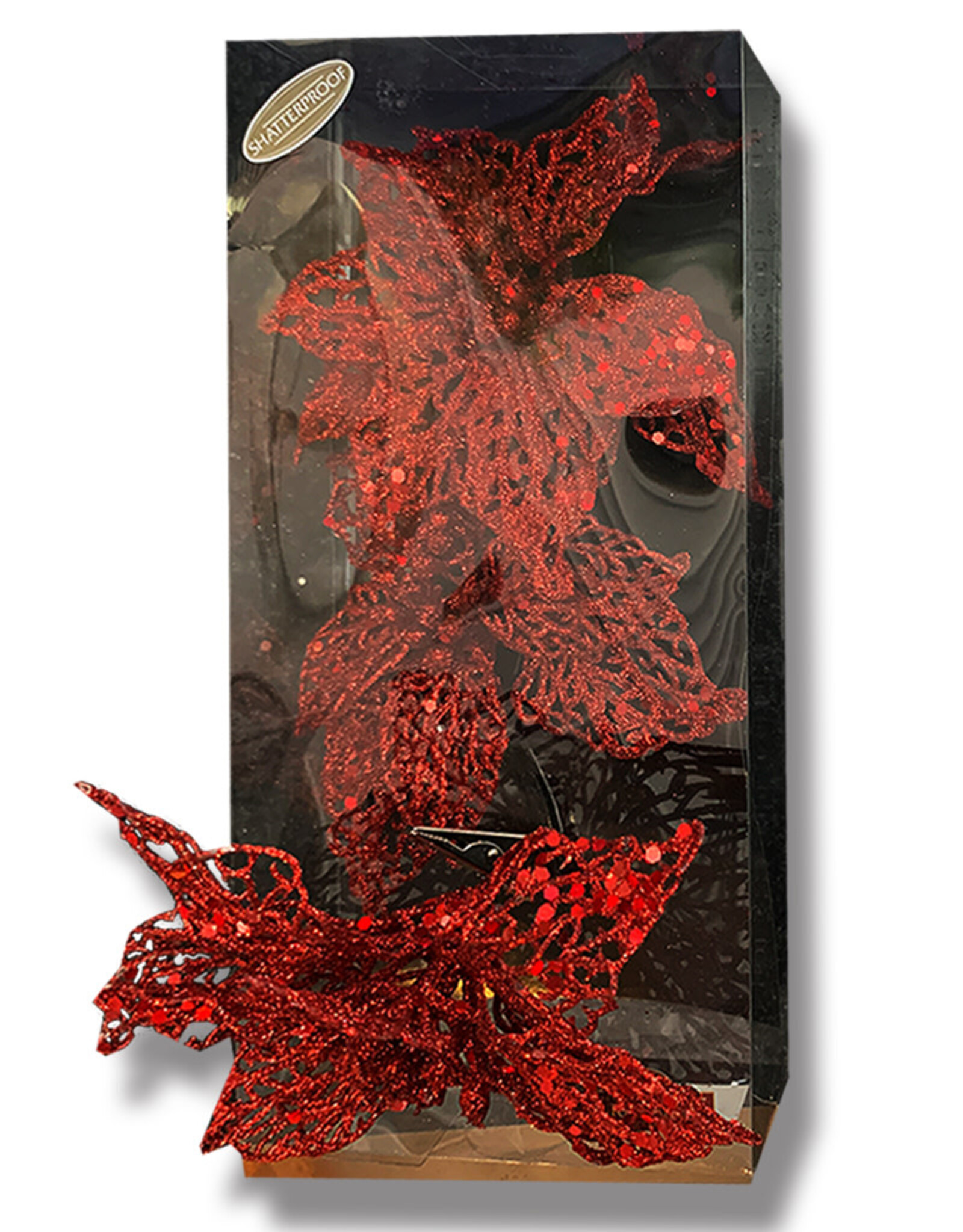 Kurt Adler Glitter Poinsettia Clip-on Flowers 3pc Set RED