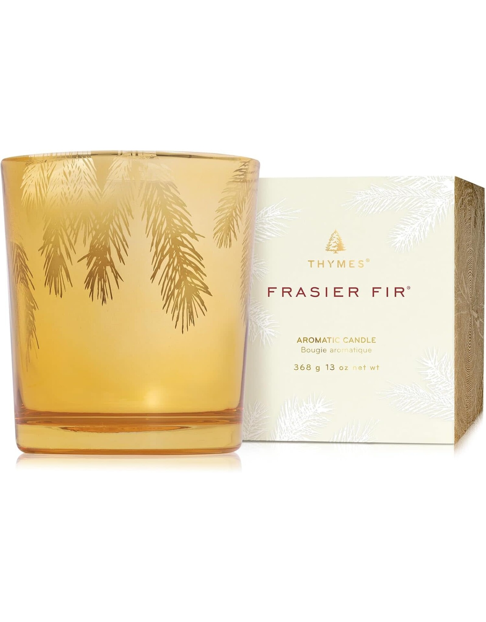 Frasier Fir Candles 13oz Gold Glass w Pine Needle Design