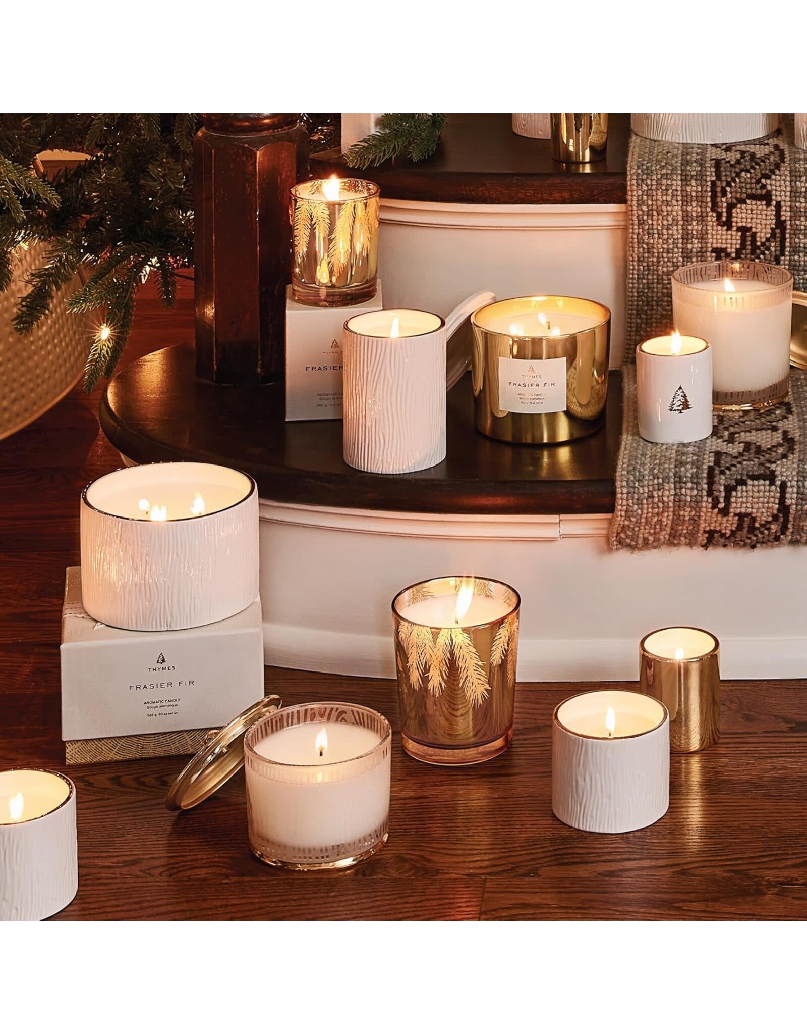 Frasier Fir Candles 13oz Gold Glass w Pine Needle Design
