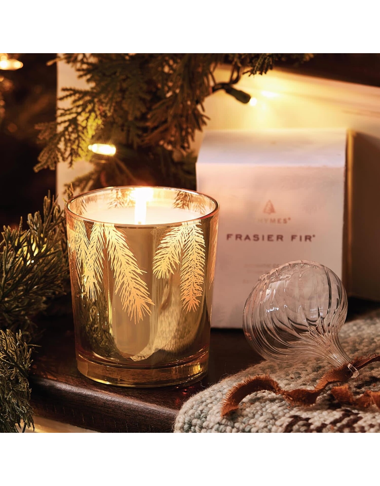 Frasier Fir Candles 13oz Gold Glass w Pine Needle Design
