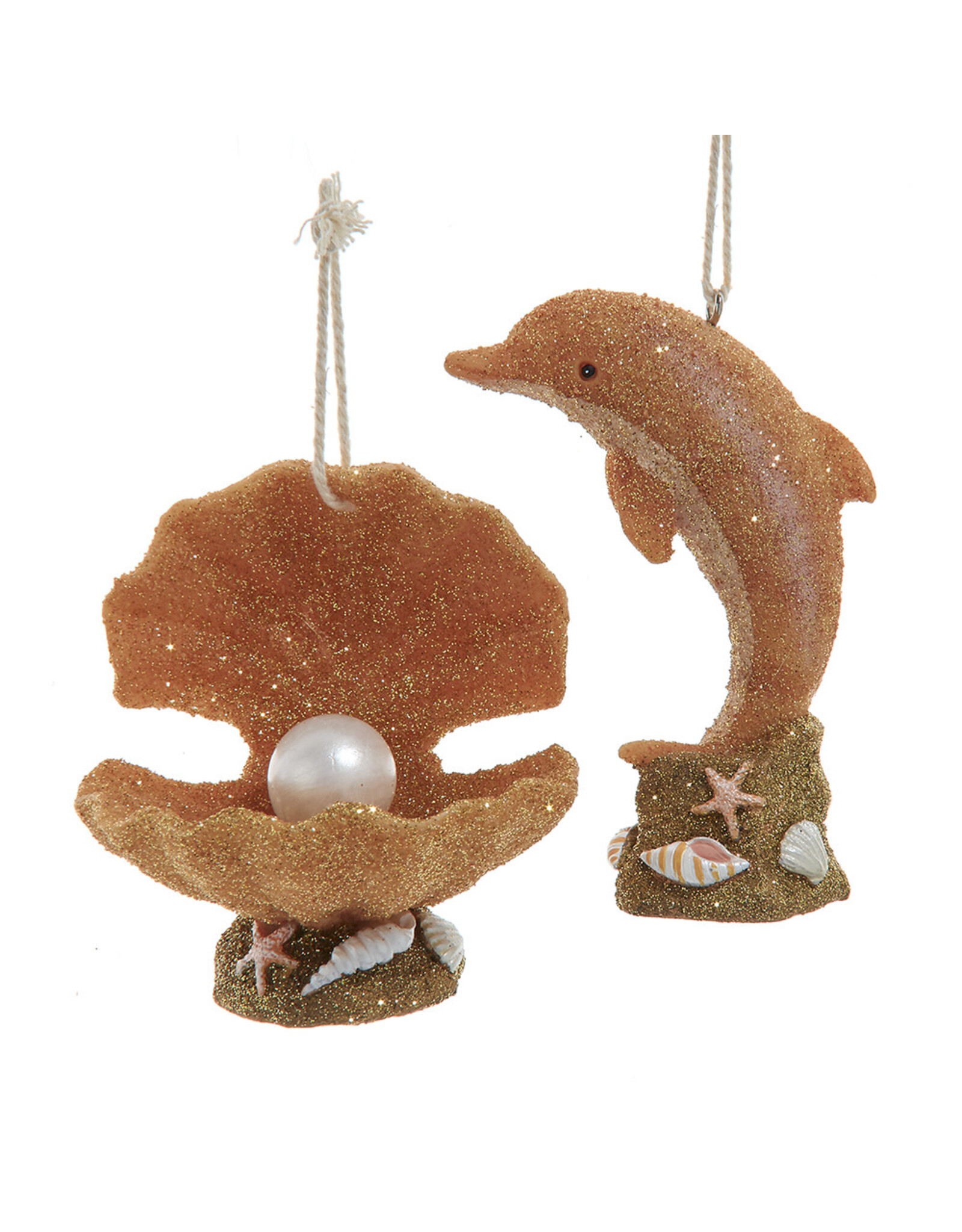 Kurt Adler Sand Sculpted Dolphin And Shell Christmas Ornaments 3.5”