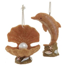 Kurt Adler Sand Sculpted Dolphin And Shell Christmas Ornaments 3.5”