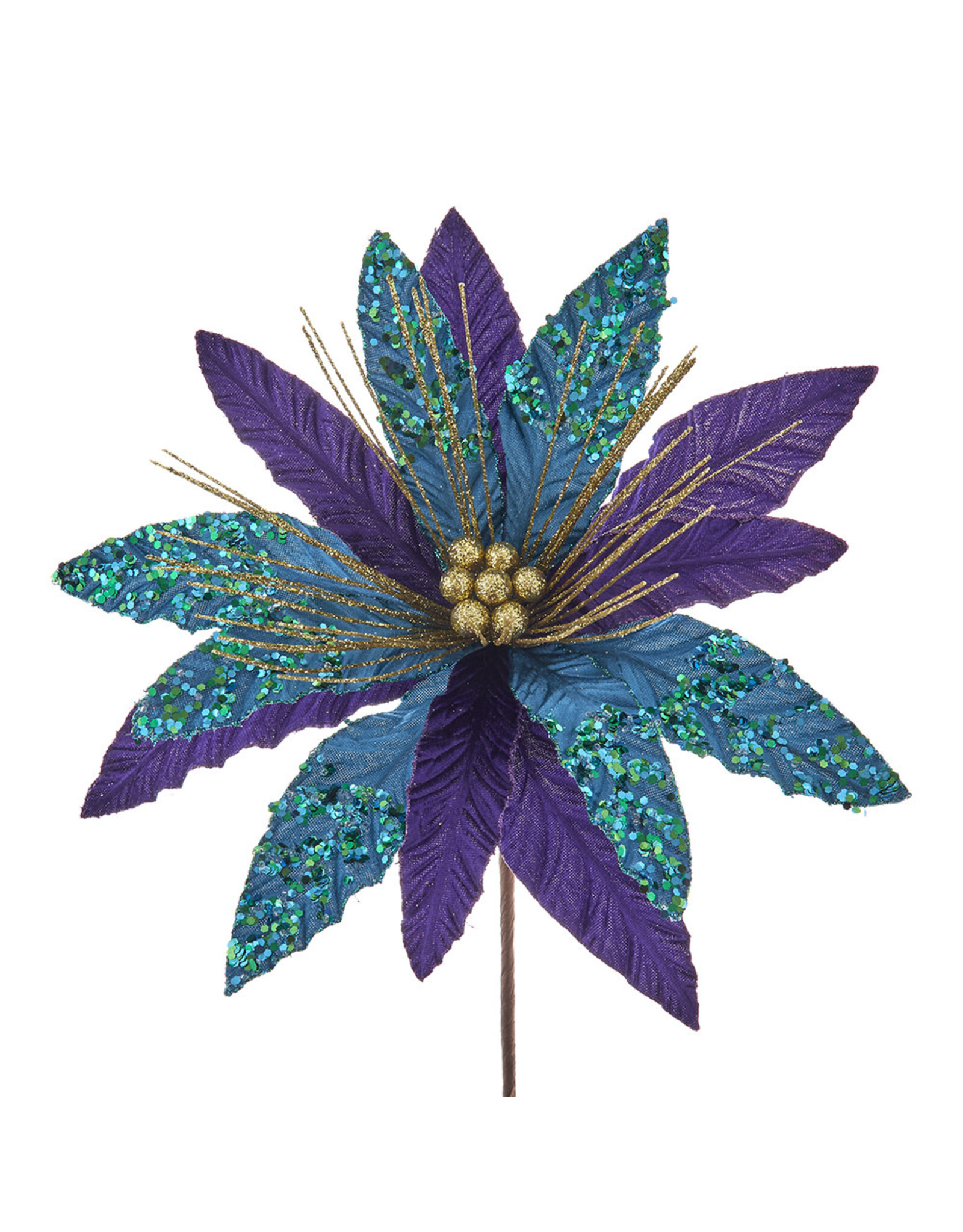 Kurt Adler Peacock Colors Poinsettia Pick 14in Purples Teals Golds
