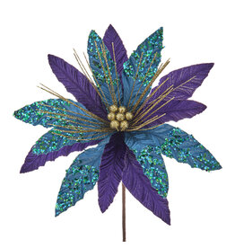 Kurt Adler Peacock Colors Poinsettia Pick 14in Purples Teals Golds
