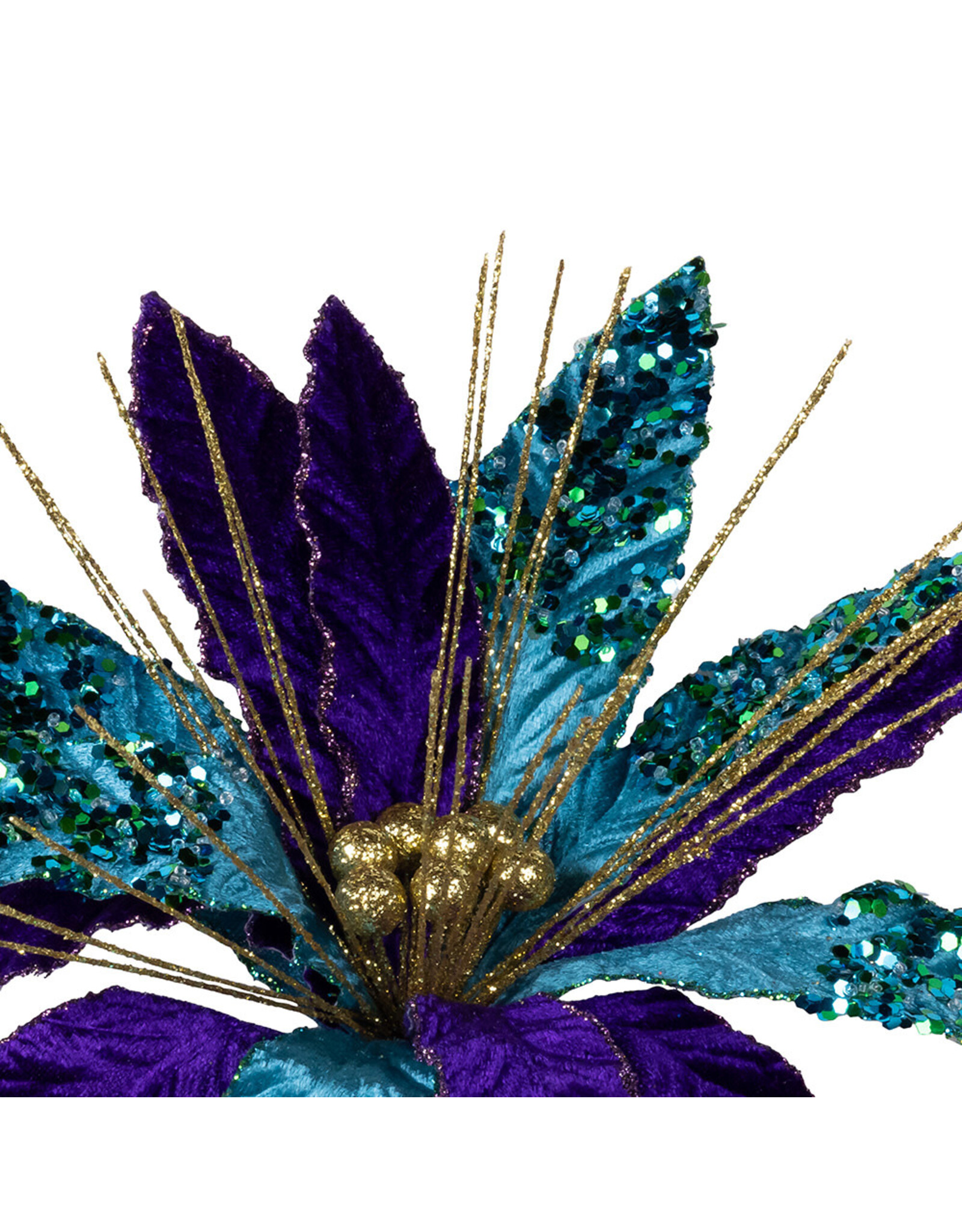 Kurt Adler Peacock Colors Poinsettia Pick 14in Purples Teals Golds
