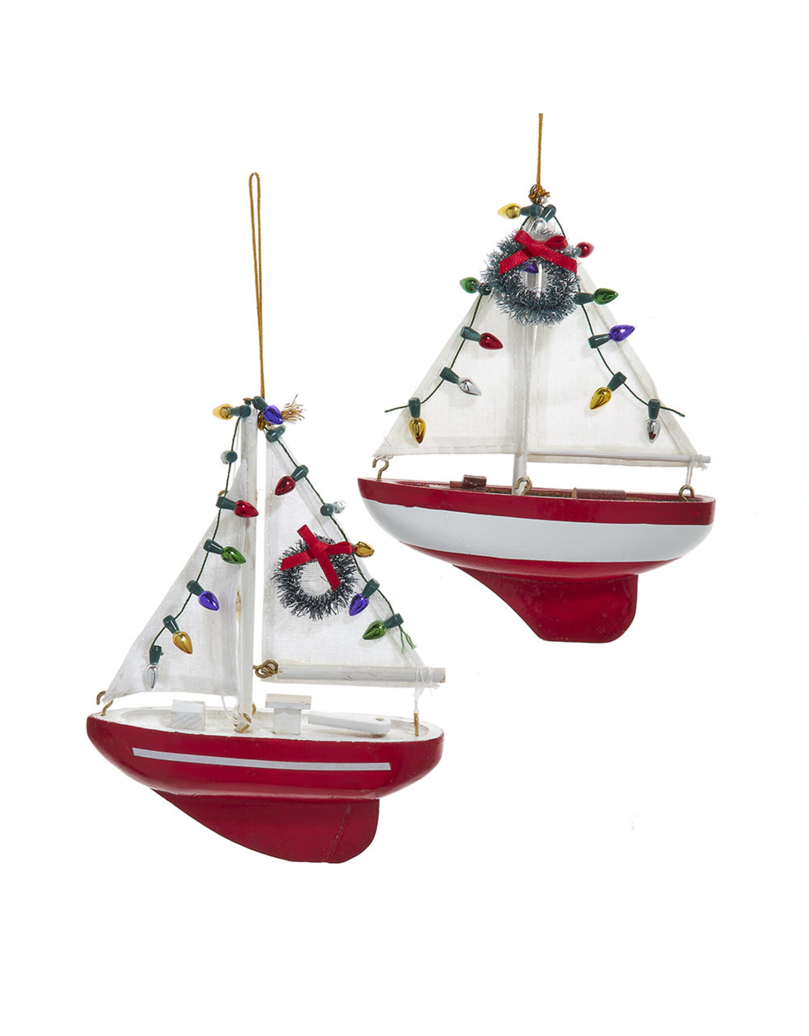 Kurt Adler Wooden Yacht-Sailboat With Wreath Ornaments, 2 Assorted