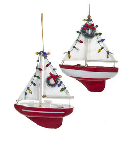 Kurt Adler Wooden Yacht-Sailboat With Wreath Ornaments, 2 Assorted