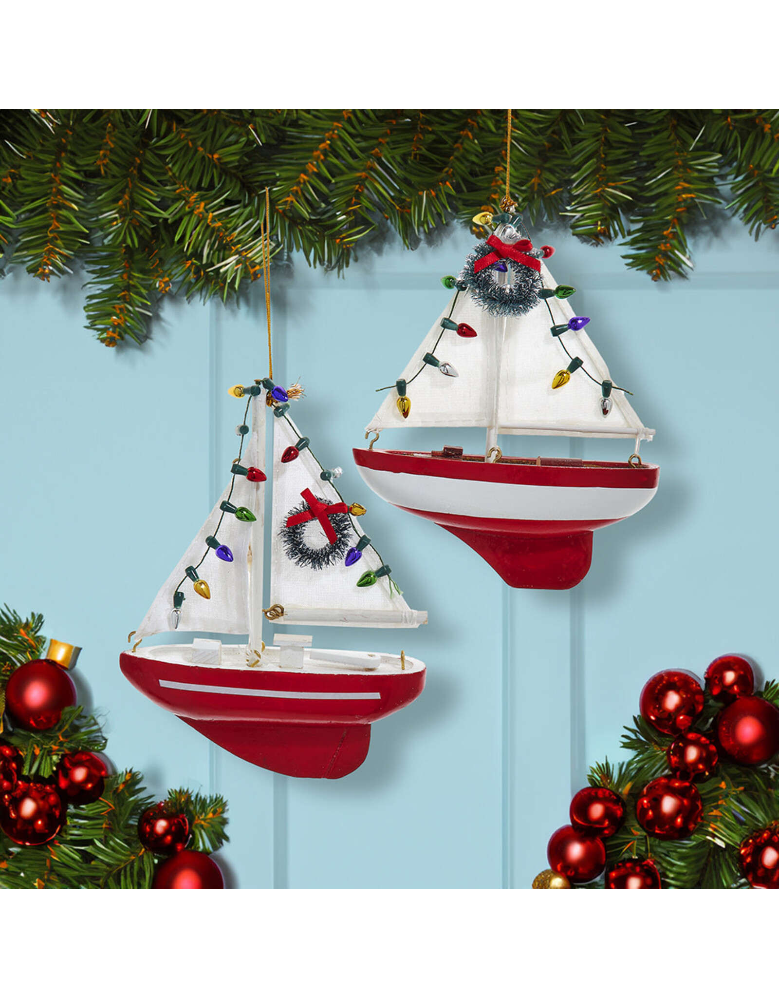 Kurt Adler Wooden Yacht-Sailboat With Wreath Ornaments, 2 Assorted