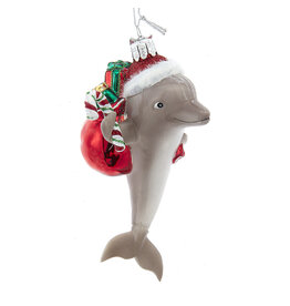 Kurt Adler Noble Gems Dolphin In Santa Hat w Gifts Glass Ornament
