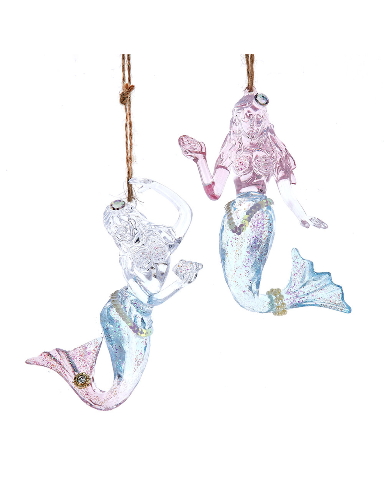 Kurt Adler Acrylic Pink Clear n Pink Blue Mermaid Ornaments 2pc Set