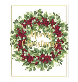 Caspari Boxed Christmas Cards 15pk Mistletoe And Berry Wreath