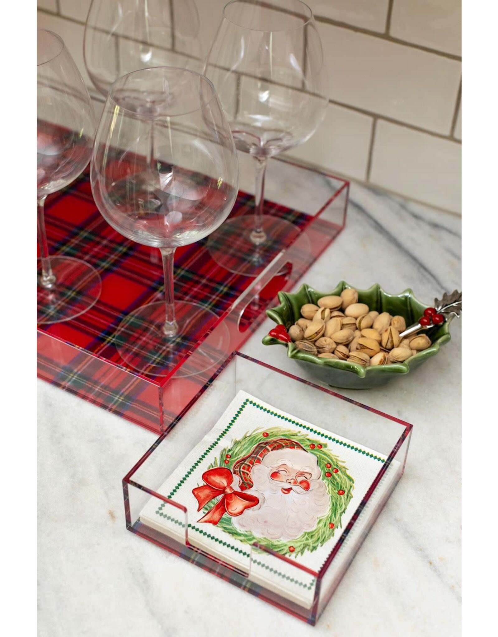 Mud Pie Christmas Santa Cocktail Napkins In Acrylic Napkin Holder Set