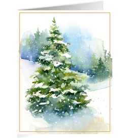 Caspari Boxed Christmas Cards 15pk Evergreens In Snowy Field