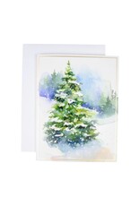 Caspari Boxed Christmas Cards 15pk Evergreens In Snowy Field